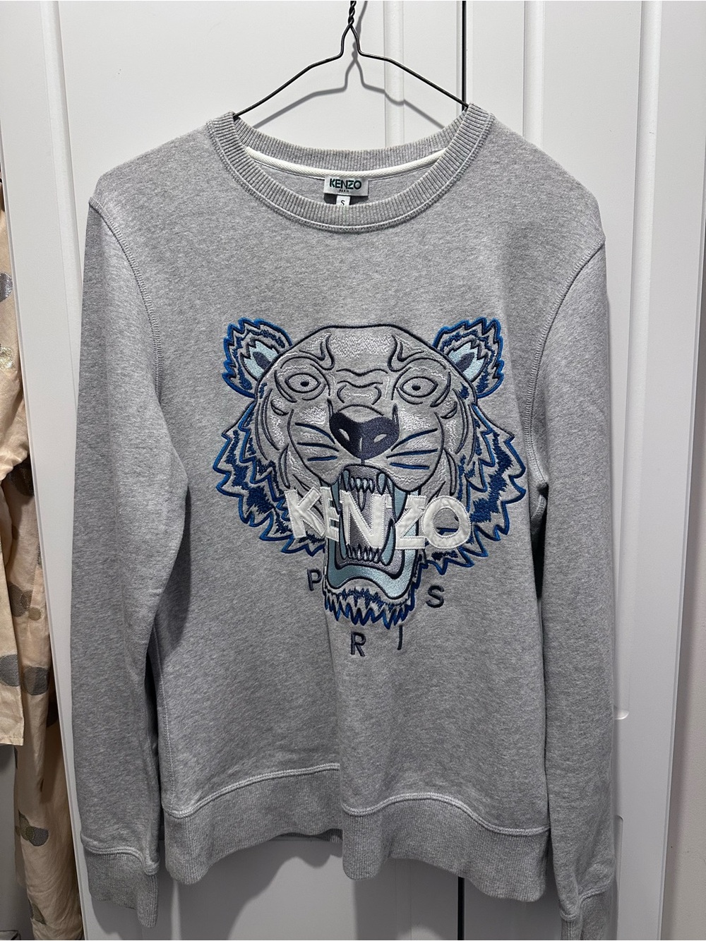 Kenzo Grey Crewneck Sweatshirt with Blue Embroidered Tiger